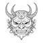 Placeholder: White, minimalis line art , oni mask japanes , vector, white background, outline, with images neatly contained within the background, just black and white color,