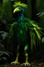 Placeholder: big bird 9feet tall with dark green feathers, in a Amazonian forest. looking mysterious and and having a human posture, and make it looking like he wears a costume of his feathers and make it looking mysterious