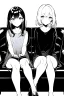 Placeholder: two girls play video games sitting on a two-seater sofa, greyscale