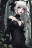 Placeholder: CAT GIRL, goth, forest, nature, cartoon, leaves, half black half white hair, boobs