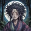 Placeholder: full color front facing portrait of a malevolent Yama Uba witch in a ragged kimono with highly detailed shaggy hair and slim, withered narrow facial features, in a haunted mountain forest, pierced by shafts of moonlight , art in the style of spirited away, studio ghibli, , 8k , finely detailed and precise line work, soft natural Spring colors