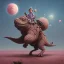 Placeholder: 1yo little boy is on safari on the moon. riding a pink dinosaur. he has big and a funny hat. High detailed. Cinematic. oil on canvas painting. Warm lights. beksinski