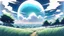 Placeholder: giant half transparent virtual moon, glitchy, blurry, maximum quality, centered on frame, far view, in the middle of a grassy hill, white sky with cumulonimbus, manga, makoto shinkai style