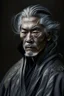 Placeholder: a photo of an Asian man with ethnic jewelry, grey hair and grey flowing robe, in style of Annie Leibovitz, contemporary portrait of a mature yet beautiful and modernist man, black and grey, detailed masculine face, swirling fluid smokey enigma, award-winning artwork