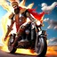 Placeholder: Kebab Man mounted his holy motorcycle, the engine roaring to life with divine power. With a final glance at the celestial realms, he sped down to Earth from heaven, ready to begin his quest.