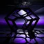 Placeholder: a large dark black 3D hexagon structure with a neon purple outline floating high above a desolate monochrome landscape