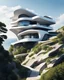 Placeholder: Casa campestre en un acantilado con un precipicio alto junto al mar, arquitectura Neofuturista estilo Zaha Hadid, árboles, gente, cielo clima de verano