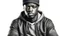 Placeholder: Intricate pencil sketch mugshot of [a Black male in a sports hoodie and cap, sitting in a leather wingback chair, vintage minimalistic white background, highlighting the subject's urban style with a hint of royalty.]: :: stunning interpretive visual., cinematic, wallpaper, vibrant, photo, poster, typography, portrait photography, fashion