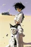 Placeholder: Meryl Stryfe Trigun young girl short black hair anime white clothes standing in the desert with a cat in her arms