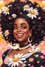 Placeholder: Create a abstract cartoon art style image of a curvy black female looking down with a smile on her face. Prominent makeup with hazel eyes. Highly detailed messy curly bun with a hair scarf tied on her head with large daisy flowers surrounding her. 2k