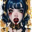 Placeholder: Poster in two gradually, a one side malevolent goth vampire girl face show his tonge, and other side the Singer Melanie Martinez face, painting by Yoji Shinkawa, darkblue and gold tones,