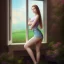 Placeholder:  country side, 20 year old very beautiful Girl named Bella ,portrait paint poarch standing next to window looking at camera