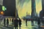 Placeholder: Futuristic City, city lights, people, street, Blade runner influence, philip wilson steer impressionism painting