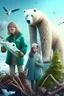 Placeholder: Una niña, un niño y un oso polar se unen a otros animales y personas para plantar árboles, limpiar la basura y usar energía renovable