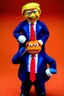 Placeholder: a Film Photograph of an orange Donald Trump Muppet made of felt and fur wearing a dark blue suit and red tie, lips made of foam