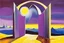 Placeholder: a surreal open gothic_arab gate in a glass wall with a view of a desolate landscape, storm, strong contrasts, by artist "Leonora Carrington",by artist "Zaha Hadid",These colors are bold, vibrant, and intense, including shades of colors such as purple, blue, and yellow.