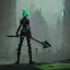 Placeholder: dystopian city, goblin holding an axe, green hair, steampunk style