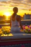 Placeholder: close up of woman doing yoga on the roof of a buss with flowers, 4k, downlight, soft light, depth of field, photorealism