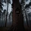 Placeholder: A dense, shadow-filled forest at twilight beneath a gloomy, overcast grey sky, the trees twisted and unnaturally shaped. Their bark slowly cracks open to reveal countless human eyes peering out, blinking silently. Camera zooms in closely on a single, large eye embedded deeply into the trunk, its gaze fixating intensely on the viewer as thin veins pulse and dark fluid begins seeping gently down the bark.