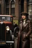 Placeholder: young woman with straight shoulder-length hair, dressed in brown leather trousers and waistcoat, leather gloves and a leather cap in an old industrial courtyard, next to a steampunk steam car