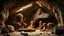 Placeholder: Neanderthal family living in a luxurious cave, stone age technology, happy children, animal skin clothing, colour photograph