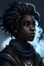 Placeholder: A young male Air genasi with black skin smoke some hair