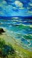 Placeholder: A blue watery coast near a beach painted by Vincent van Gogh