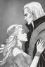 Placeholder: Strahd Von Zarovich being kissed by a beautiful woman with white hair. Settling and background are a lavish toomb with an ebony coffin.