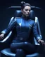 Placeholder: pale beautiful female, dark bun hair, wearing high tech blue navy officer outfit, sitting on high tech scifi chair, photorealistic, bokeh, both arm resting on the chair