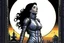 Placeholder: A slim Woman With Black shoulder length hair, Wearing a silver and black space suit, with no helmet, standing sot the right, sideways on a ledge of a building, with a moon Behind Her Head, towering spires and buildings highlighted by the setting sun