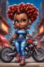 Placeholder: airbrush illustration of the chibi cartoon character, a voluptuous black female in a blue jean outfit with biker boots. Her prominent makeup and hazel eyes, along with her detailed red bantu knots, are featured in this image, set against the background of a lively bike show.