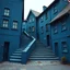 Placeholder: Fotografia di strada assurda e falsa orripilante blu weirdcore dai colori vivaci, liminalcore. Escher. Scale che scendono. Yves Tanguy. Non luogo falso, inusuale. Le case sono false e dipinte di nero chiaro con cose stilizzate e dettagli. Ci sono finestrelle false quadrate, che danno un senso distopico e molto surreale, disposte in modo casuale. L'atmosfera generale sembra noiosa e onirica, con un contrasto tra elementi reali ed elementi dipinti falsi, René Magritte, oddest things