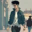 Placeholder: Teen man, black hair, perfect face, style of tomer hanuka, jeans, pompadour.