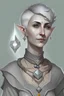 Placeholder: dnd character, tolkien, short haired elf priestess, wearing grey robes, with moon shaped necklace