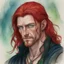 Placeholder: dnd, fantasy, watercolour, large strokes, stylistic, portrait, illustration, dull colours, male, face, narrow long face, weathered face, green eyes, determined, smiling, red hair, very long hair streaming down the shoulders, radiating light, five o'clock shadow