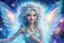 Placeholder: A beauty Fairy women with long lightblue hairy and Crystal wings . She has a beautiful eyes and a sweety elegant Smile. She Is a magic sacred dancer in cosmic ceremony..the background Is a magic coloured bright galaxy, with stars. We can see her total figure dancing