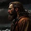 Placeholder: The lanky brown long haired bearded deckhand "Simon Lionguard" looking out at a stormy sea realistic grimdark