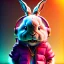 Placeholder: pixar style anamorphic cute rabbit baby, smiling, cyberpunk headphone, sunglass, gangsta gold neckless, full body, magenta puffer jacket, manila city backdrop, dramatic lighting, hyper realistic, unreal engine 5, 16k