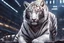 Placeholder: half beast White tiger human in 8k realistic anime drawing style, gym, apocalypse, intricate details, highly detailed, high details, detailed portrait, masterpiece,ultra detailed, ultra quality