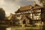 Placeholder: portrait of a tudor manor house on a street, fishpond architecture, highly detailed, blue sky, cinematic lighting, digital art painting by greg rutkowski