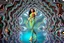 Placeholder: beautiful lady with todays modern clothing and sport shoes, in surreal stage made of 3d fractal random size recursive objects with helical strip colors in clothing similar to environment full body dancing to camera,animating background metallic random color and size recursive objects
