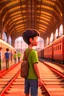 Placeholder: A young boy stands at a bustling railway station, surrounded by travelers and the sound of trains arriving and departing,pixar,8k