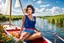 Placeholder: beautiful girl supper model, in nice red top ,blue short pants, with curvy hair,perfect face,perfect eyes,,sitting in a sailing boat ,water with splash,country side wavy narrow river ,wild flowers ,blue sky nice clouds