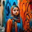 Placeholder: Beautiful young Palestinian lady on a colorful old wall, Street art