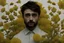 Placeholder: Techwitch, male beard Daniel Radcliffe, spellbinding closeup face portrait, minimalist, celestial tranquility, in the style of avant garde fashion photography, dramatic light, striking yellow, harmonious composition, conceptual fantasy, intricate details, secret garden flowers, Jeff Wall, Marta Bevacqua