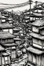 Placeholder: Japanese shanty town, greyscale, thin line arts, manga style