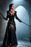 Placeholder: mature beautiful evil witch in black leather hobble dress with a whip in her hand, big chest, angry face, inside a dungeon