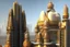Placeholder: Grand scale Indian city, modern futuristic, inspired by hindu Architecture, show skyline, entire city, modernized glass structures with hint of hindu Architecture desgins. Glass buildings