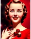 Placeholder: girl in red dress, close up portrait, Christmas, smiling, cute, beautiful, 1940s