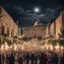 Placeholder: Hyper Realistic lots of people & children celebrating in the streets of Palestine with Al-Aqsa mosque from far at night with garland lights & decorations